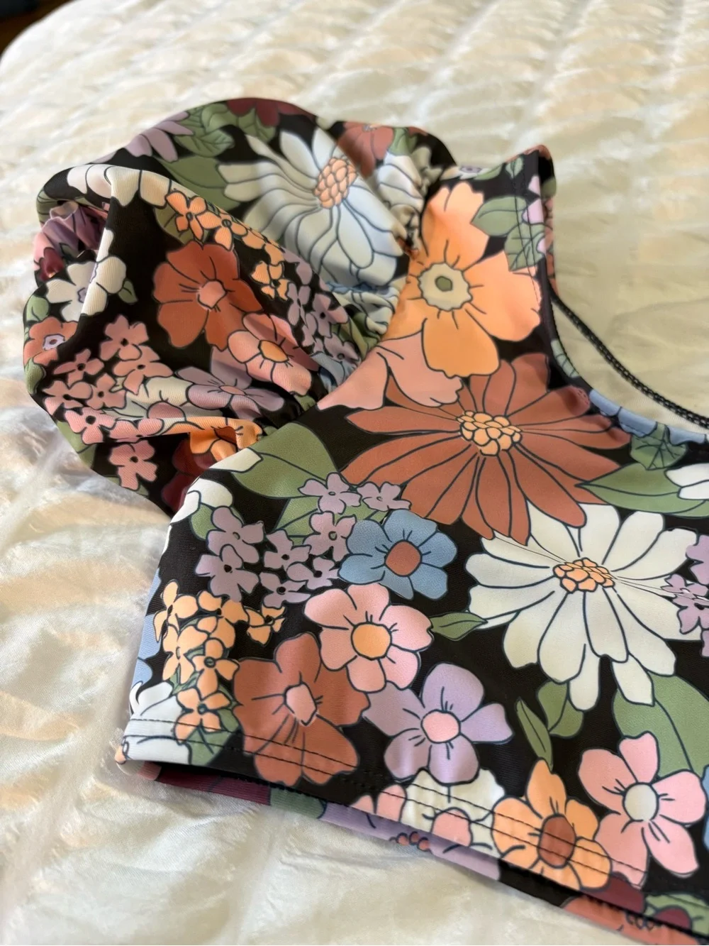 Cotton On Floral Puff-Sleeve Kids Bikini in Black, Pink, Peach & Green